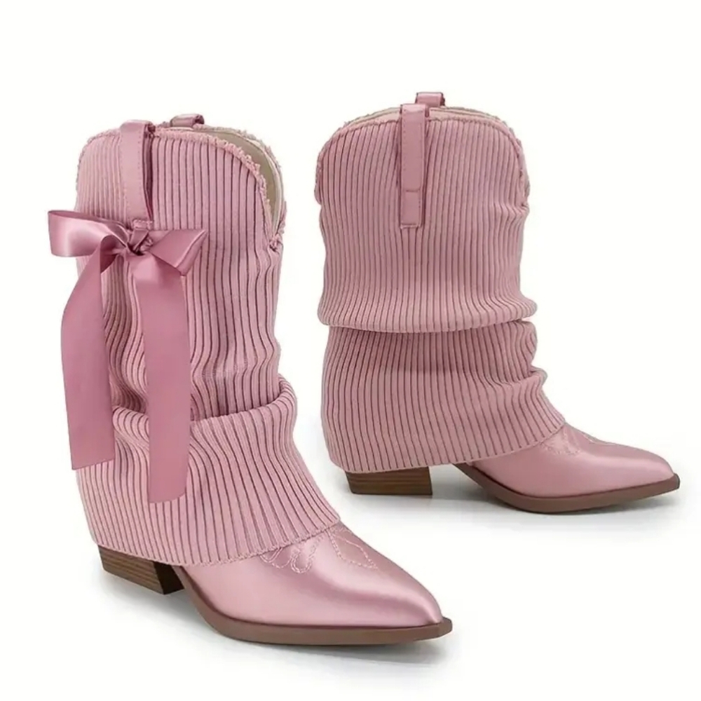 Pink Ballet Ankle Boots with Satin Ribbon Bow Detail